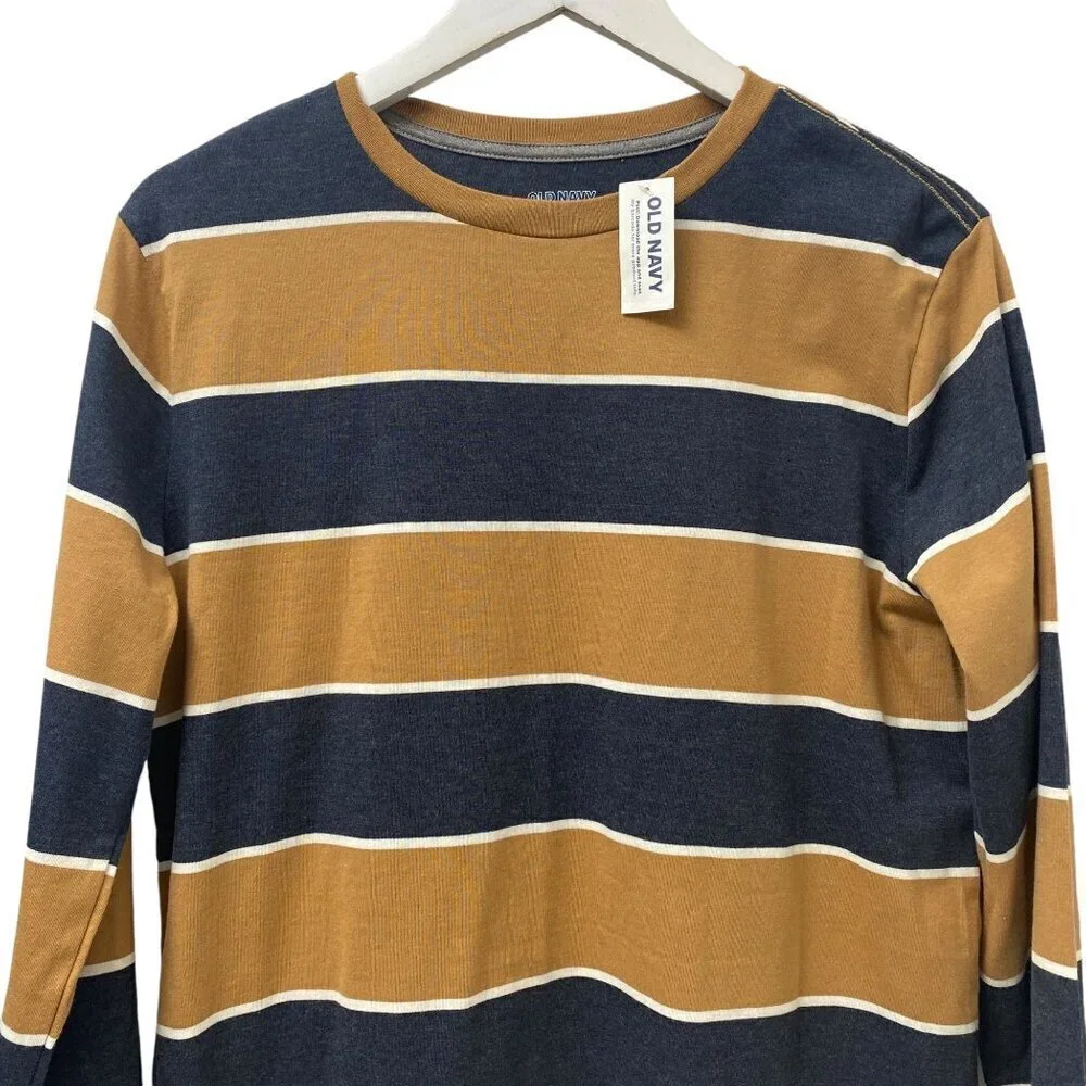 OLD NAVY Striped Tee Boys XXL / 18  Navy Brown Crew Neck Long Sleeve NWT